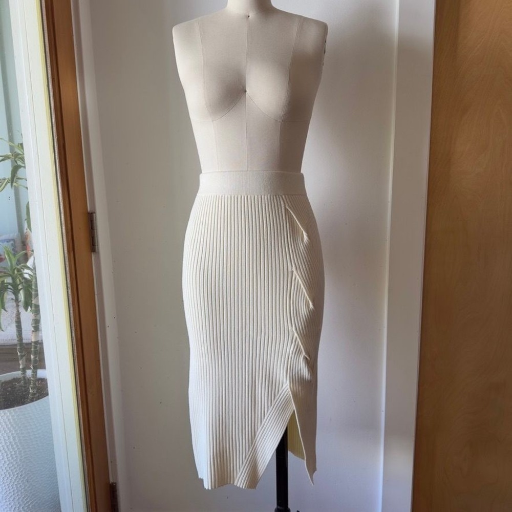 Maeve Anthropologie Ivory Ribbed Knit Ruffle Midi Pencil Skirt with Slit-XS NWT